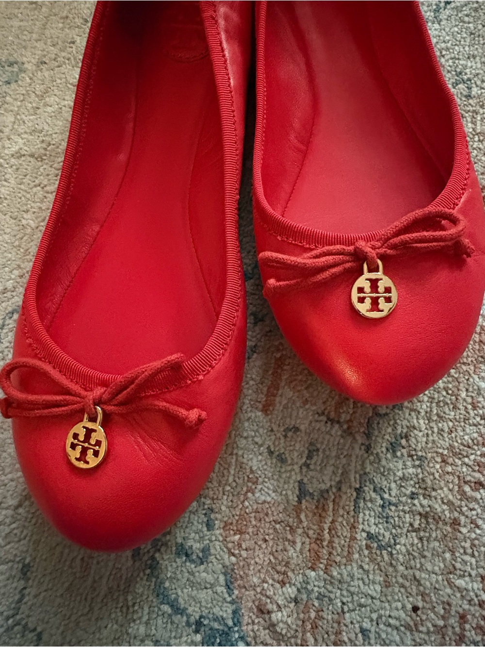Tory Burch Red Leather Ballet Flats with Gold Logo Accent
